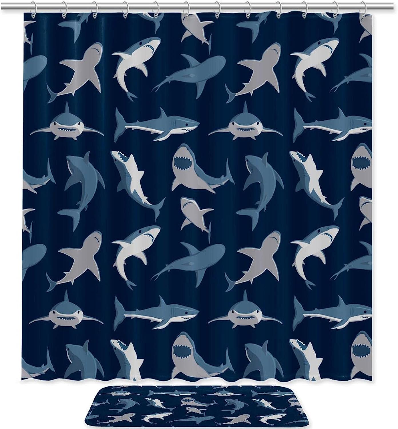 Navy Blue Sharks Pattern Modern Shower Curtain, Double Glide Shower Hooks, Bathroom Decoration