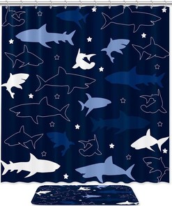 Navy Blue Sharks Waterproof Shower Curtain for Your Bathroom