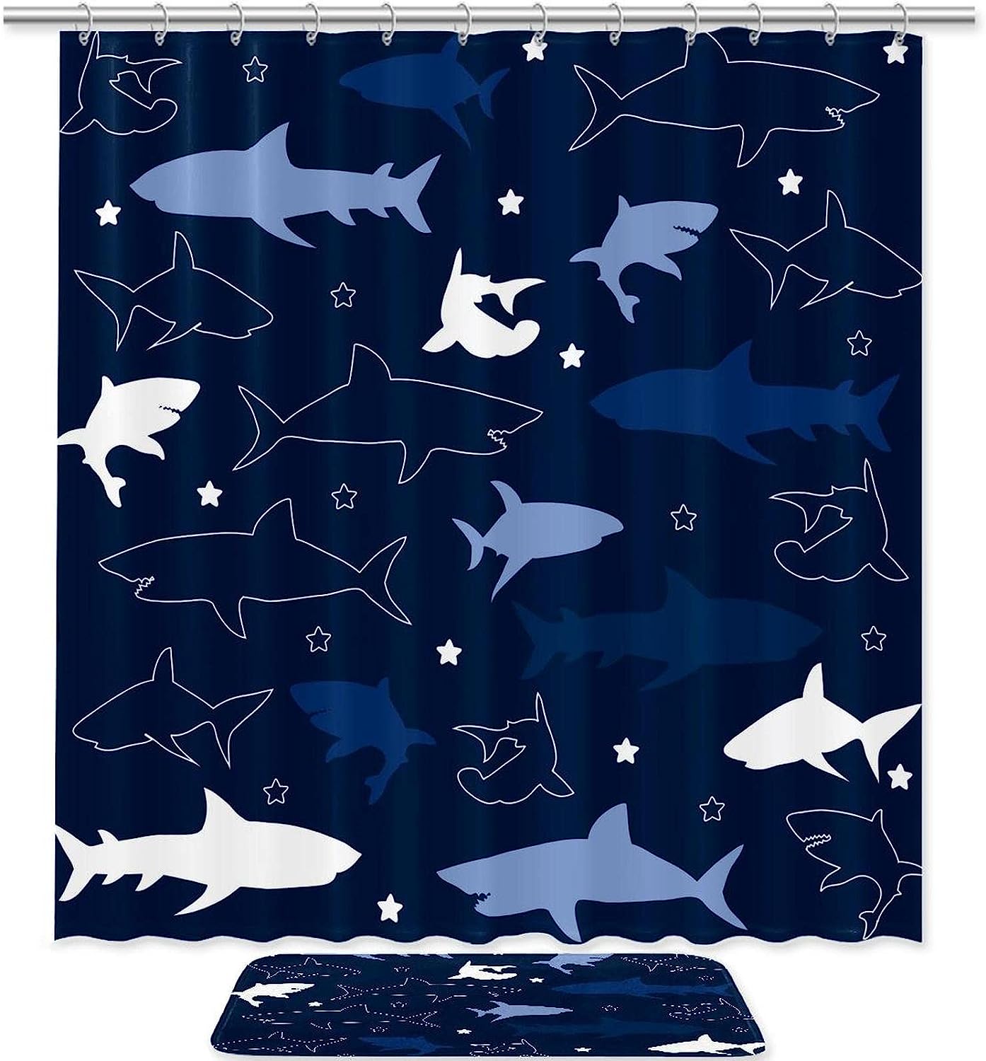 Navy Blue Sharks Waterproof Shower Curtain for Your Bathroom