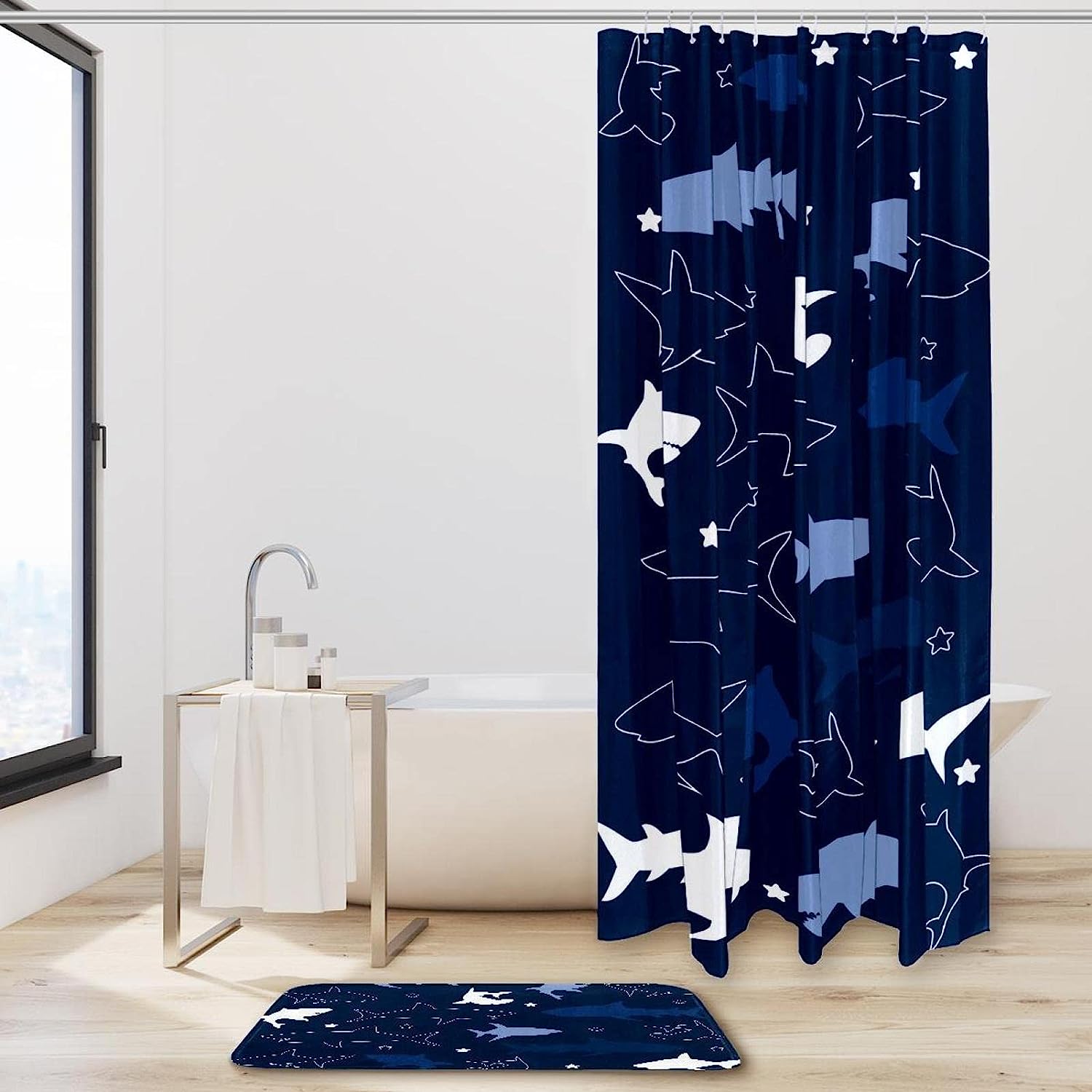 Navy Blue Sharks Waterproof Shower Curtain for Your Bathroom