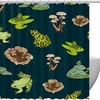 Navy Blue Shower Curtain With Green Frog, Mushroom And Lotus Leaf Design For Adorable Bathroom Decor 