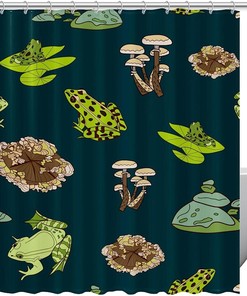 Navy Blue Shower Curtain With Green Frog, Mushroom And Lotus Leaf Design For Adorable Bathroom Decor 