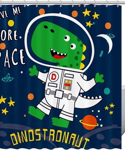 Navy Blue Space Dinosaur Shower Curtain Made With High-Quality Fabric For A Durable And Waterproof Bathroom Decor