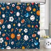 Navy Blue Sports Shower Curtain with Soccer Ball, Football, and Baseball Stars Pattern 