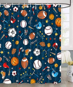 Navy Blue Sports Shower Curtain with Soccer Ball, Football, and Baseball Stars Pattern 