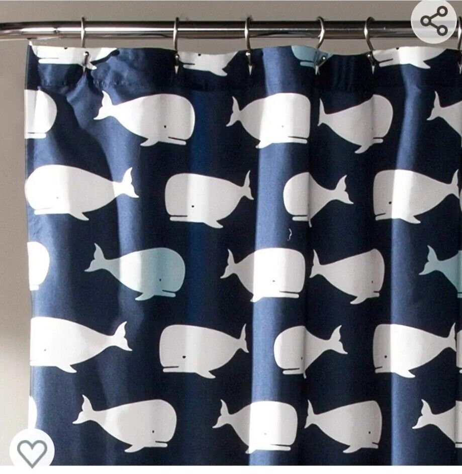 Navy Blue Whale Fabric Shower Curtain with Ocean Fish Animal Print for Kids Bathroom Decoration