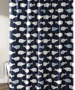 Navy Blue Whale Fabric Shower Curtain with Ocean Fish Animal Print for Kids Bathroom Decoration