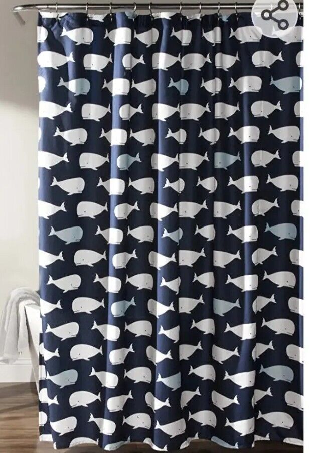 Navy Blue Whale Fabric Shower Curtain with Ocean Fish Animal Print for Kids Bathroom Decoration