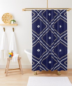 Navy Blue White Tan Vintage Bathroom Shower Curtains - Southwestern Geometric Bath Decor Set 