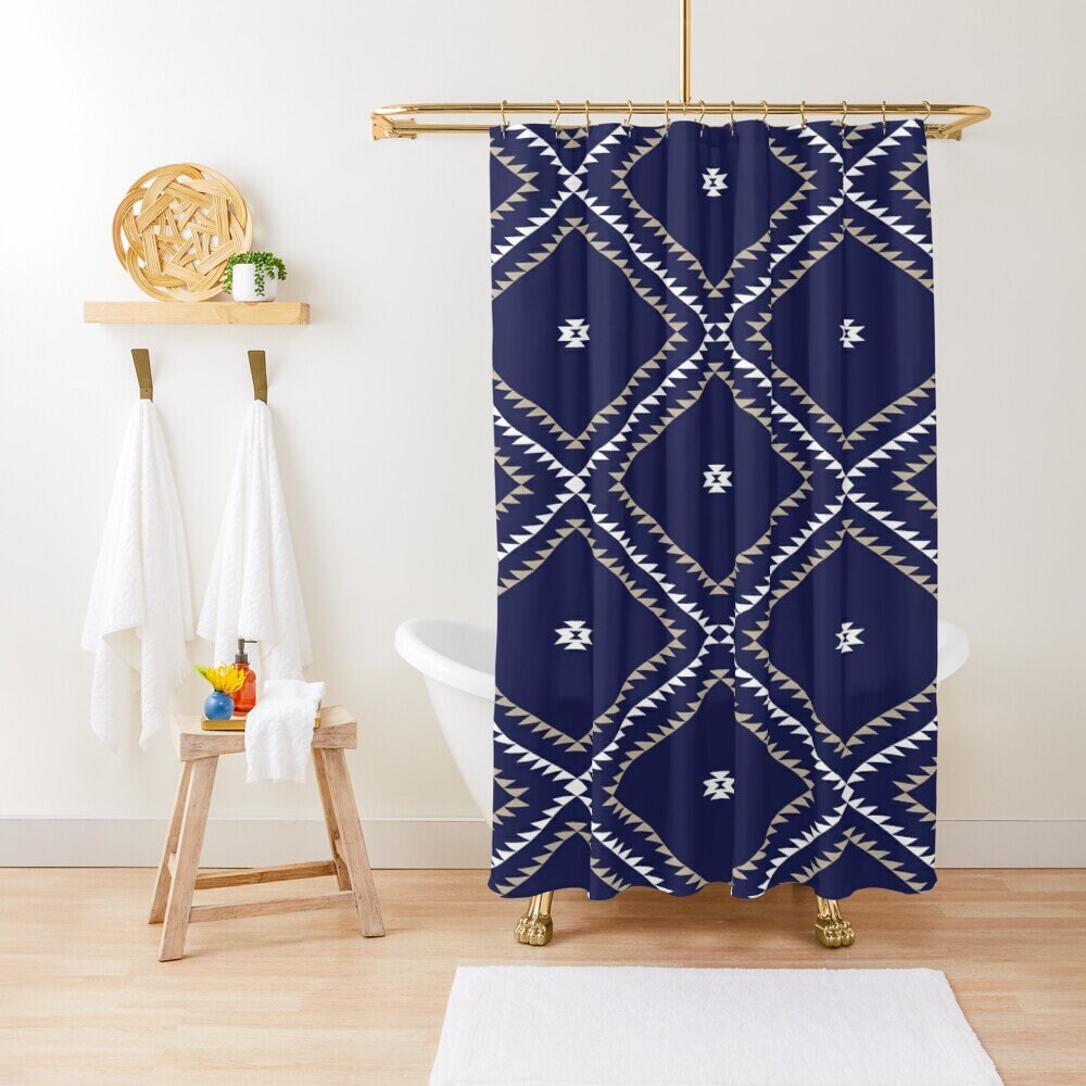 Navy Blue White Tan Vintage Bathroom Shower Curtains - Southwestern Geometric Bath Decor Set