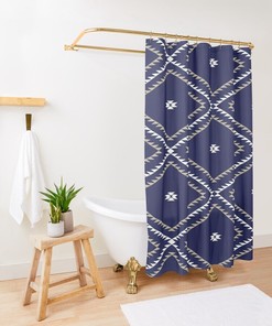 Navy Blue White Tan Vintage Bathroom Shower Curtains - Southwestern Geometric Bath Decor Set