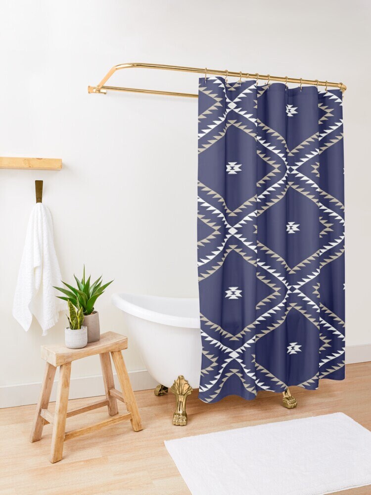 Navy Blue White Tan Vintage Bathroom Shower Curtains - Southwestern Geometric Bath Decor Set