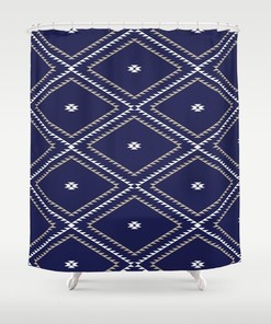 Navy Blue White Tan Vintage Bathroom Shower Curtains - Southwestern Geometric Bath Decor Set