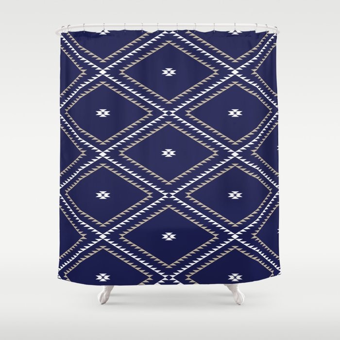 Navy Blue White Tan Vintage Bathroom Shower Curtains - Southwestern Geometric Bath Decor Set