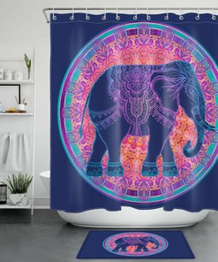 Navy Blue Wild Animals Boho Mandala Elephant Shower Curtain For Bathroom Decor