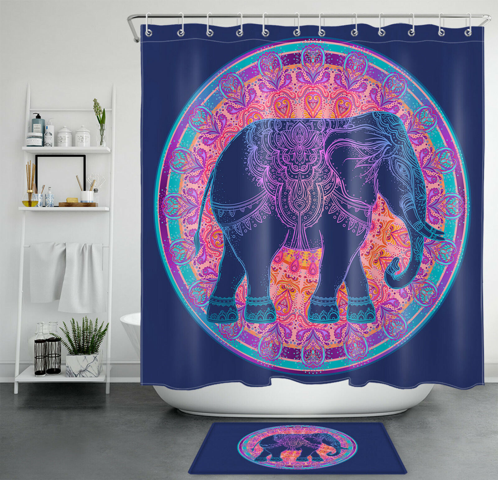 Navy Blue Wild Animals Boho Mandala Elephant Shower Curtain For Bathroom Decor