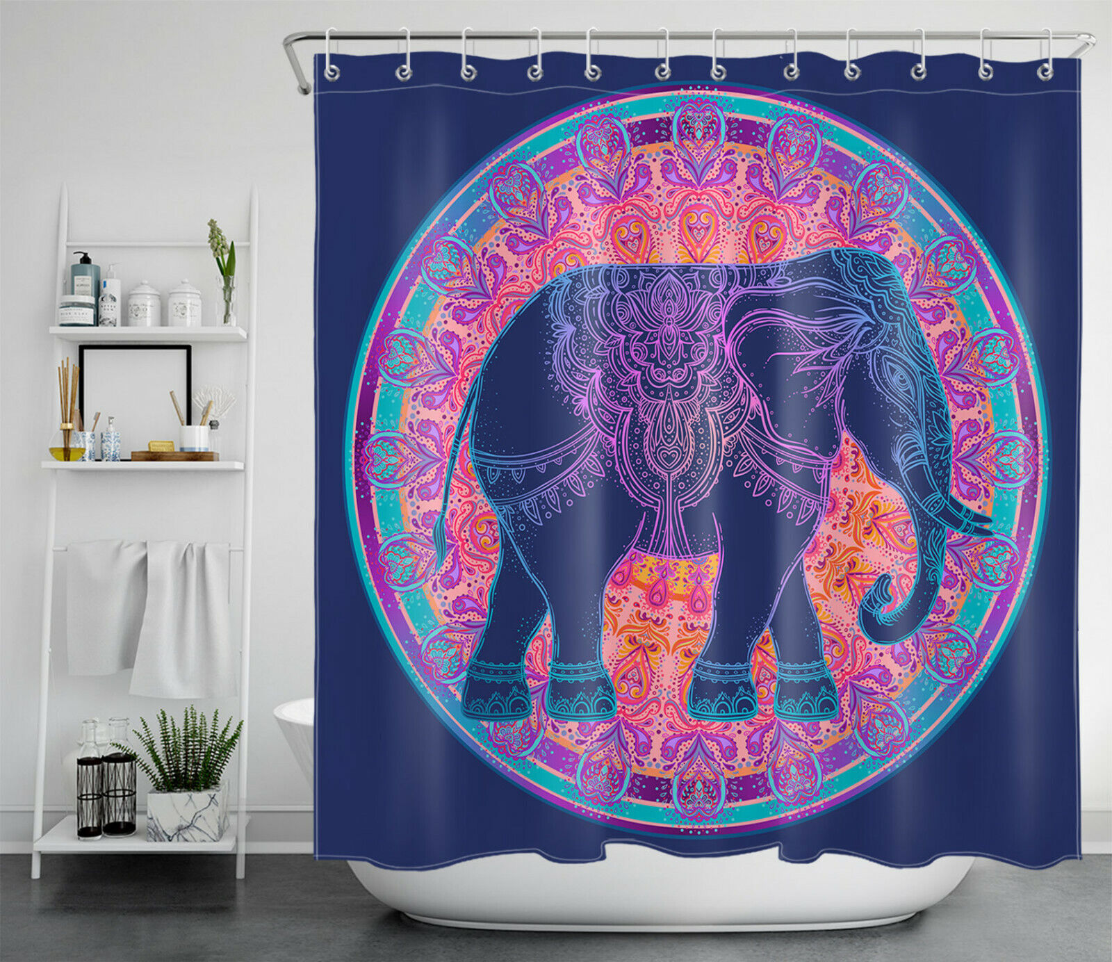 Navy Blue Wild Animals Boho Mandala Elephant Shower Curtain For Bathroom Decor - Image 2