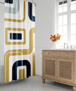 Navy Blue and Gold Abstract Geometric Lines Shower Curtain, Modern Minimalist Bath Decor with Mid-Century Vibe