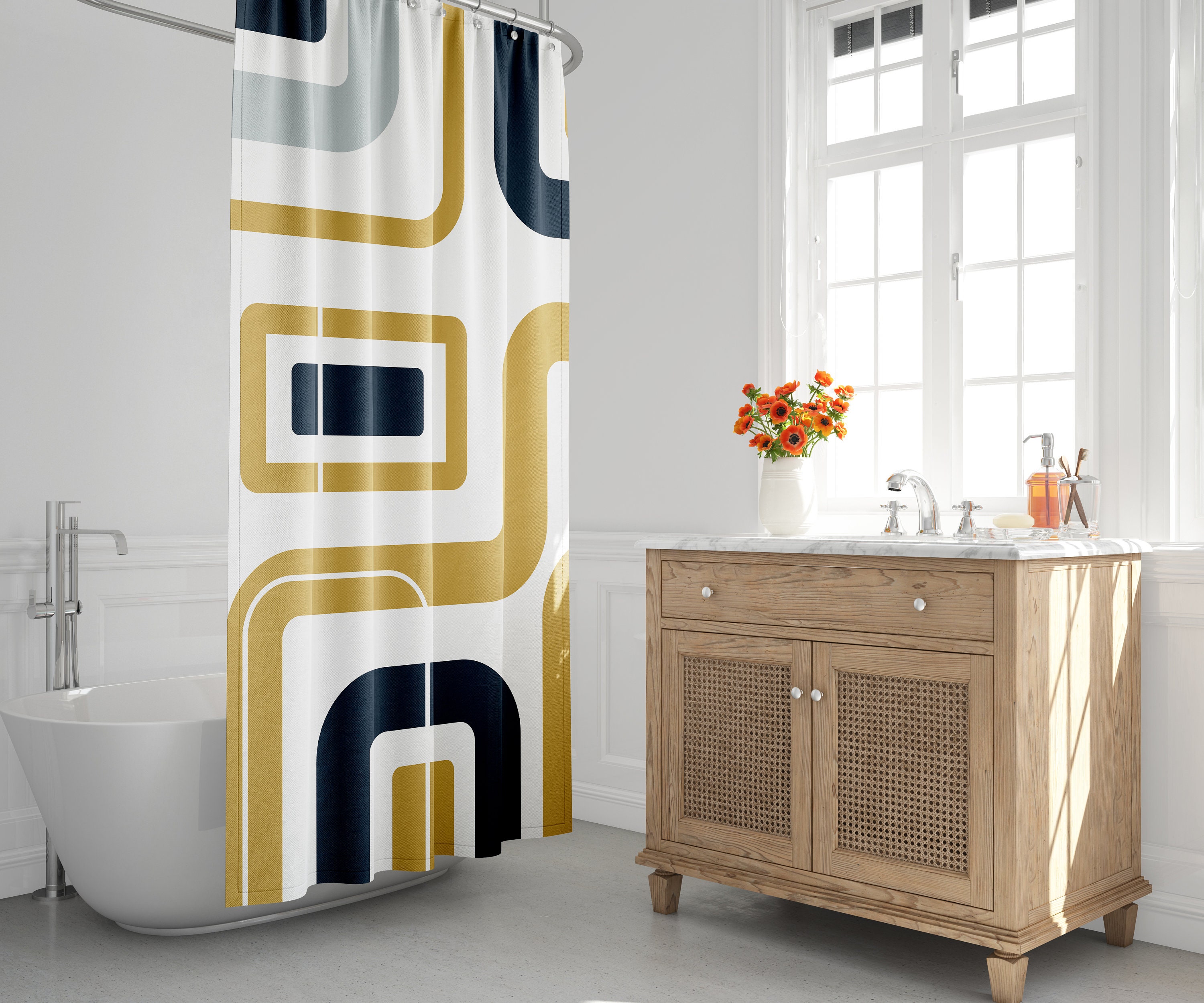 Navy Blue and Gold Abstract Geometric Lines Shower Curtain, Modern Minimalist Bath Decor with Mid-Century Vibe