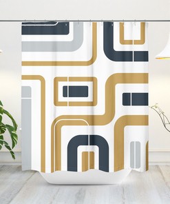 Navy Blue and Gold Abstract Geometric Lines Shower Curtain, Modern Minimalist Bath Decor with Mid-Century Vibe