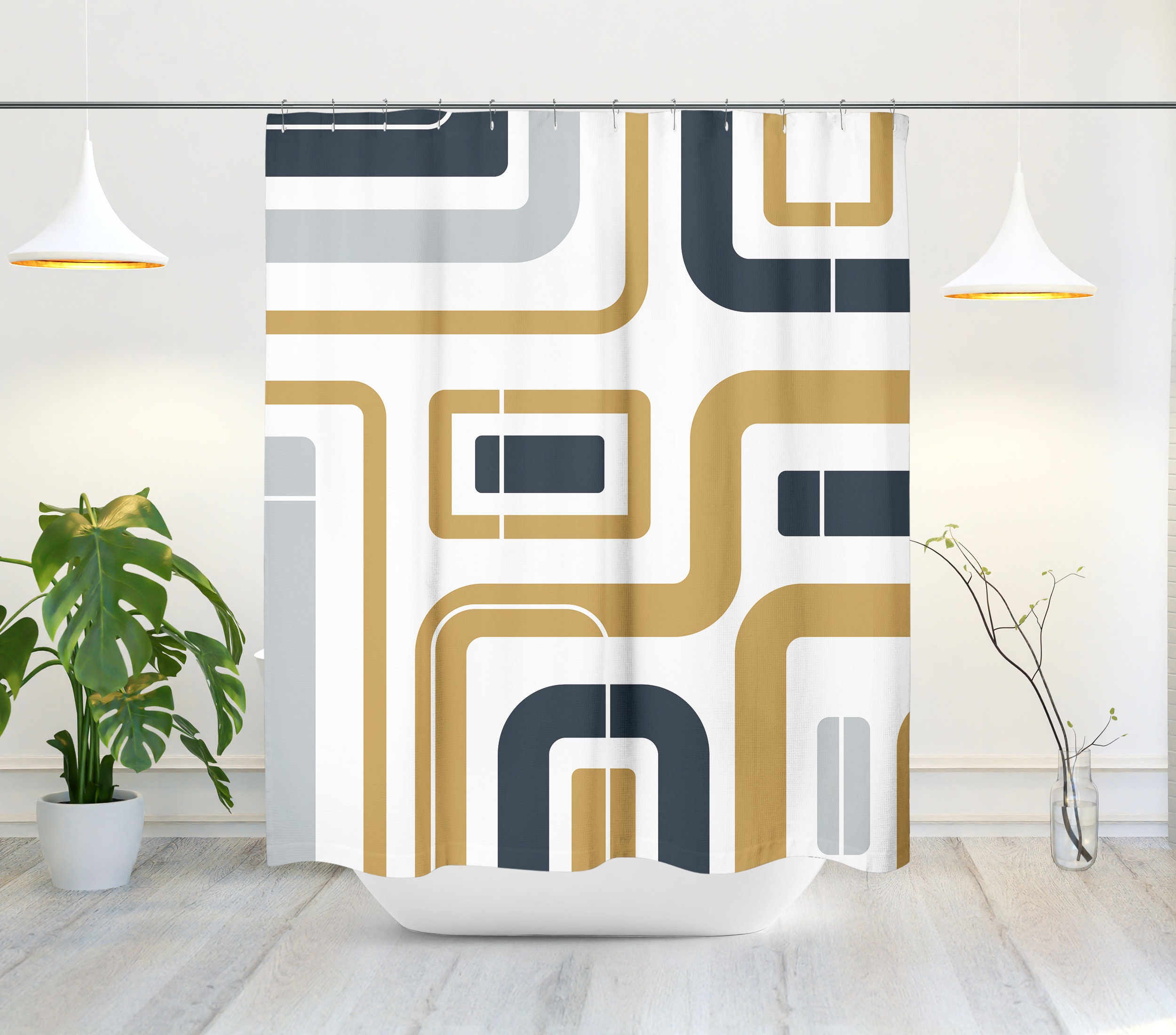 Navy Blue and Gold Abstract Geometric Lines Shower Curtain, Modern Minimalist Bath Decor with Mid-Century Vibe