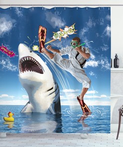 Navy Fish and Sharks Print Sealife Shower Curtain for Bathroom