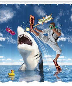 Navy Fish and Sharks Print Sealife Shower Curtain for Bathroom