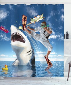 Navy Fish and Sharks Print Sealife Shower Curtain for Bathroom
