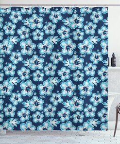 Navy Hibiscus Hawaiian Flowers Print Shower Curtain for Tropical Bathroom 