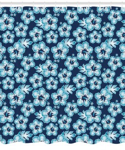 Navy Hibiscus Hawaiian Flowers Print Shower Curtain for Tropical Bathroom