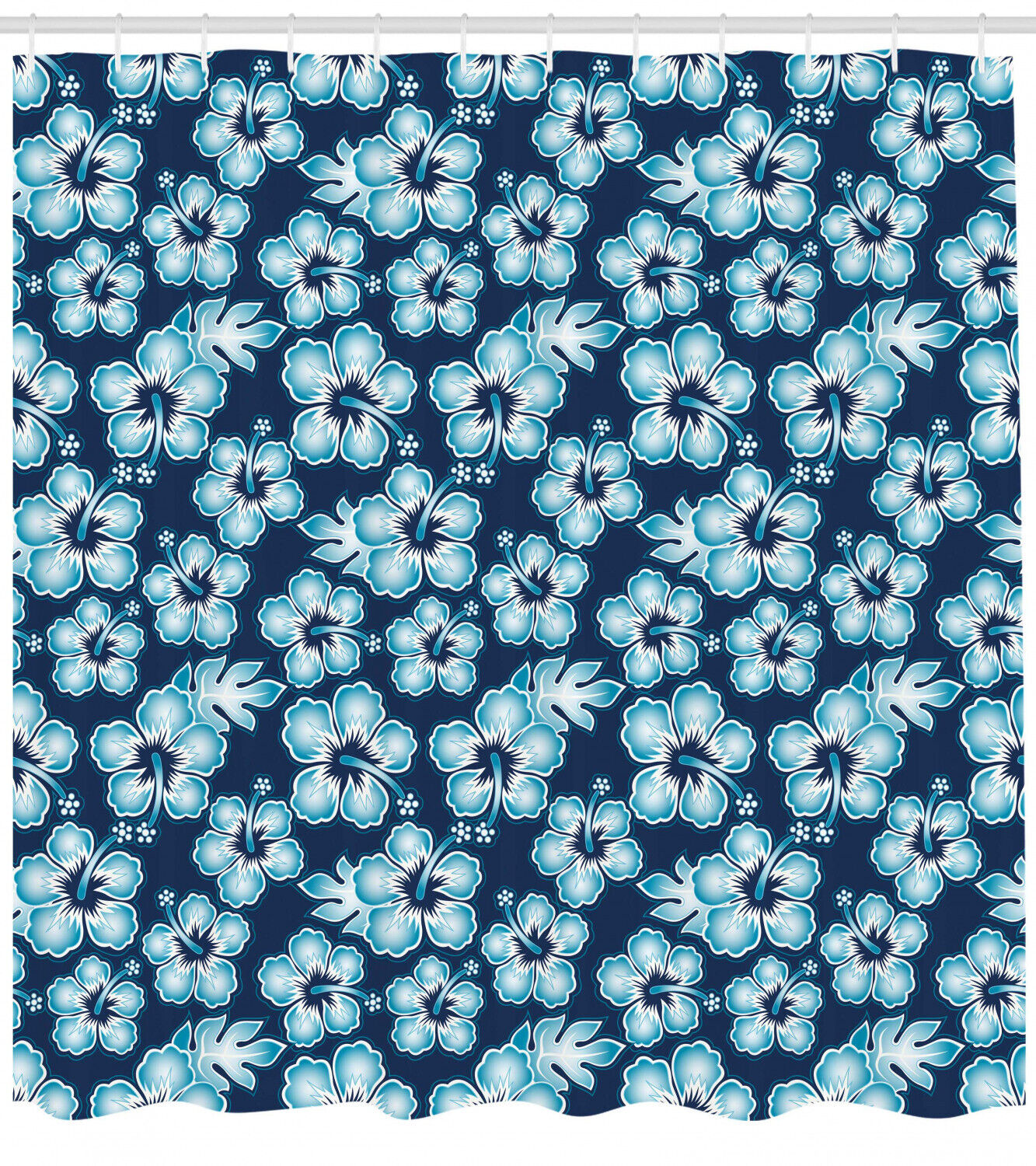 Navy Hibiscus Hawaiian Flowers Print Shower Curtain for Tropical Bathroom