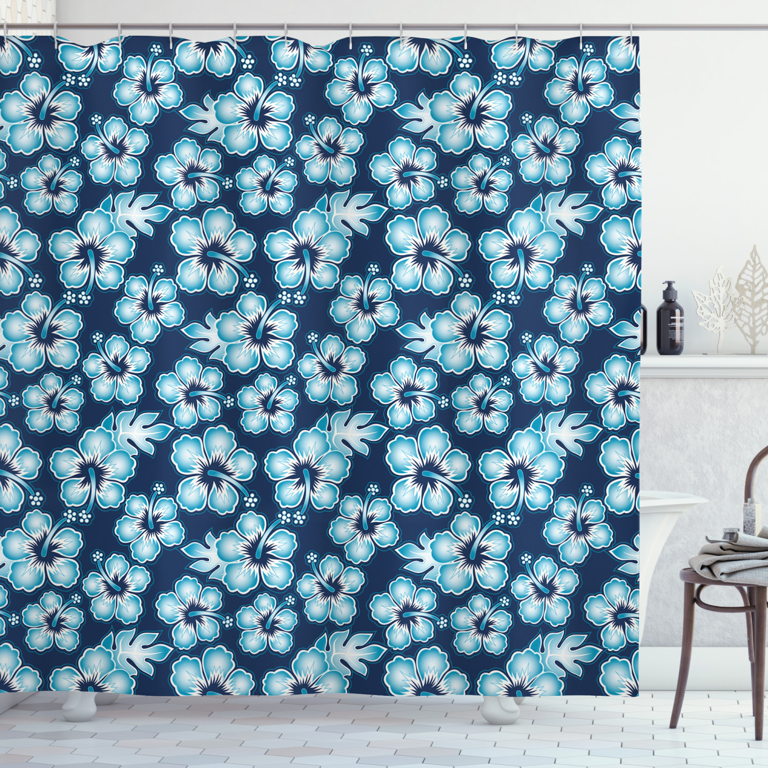 Navy Hibiscus Hawaiian Flowers Print Shower Curtain for Tropical Bathroom