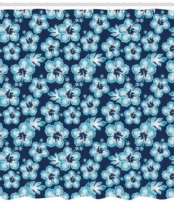 Navy Hibiscus Hawaiian Flowers Print Shower Curtain for Tropical Bathroom