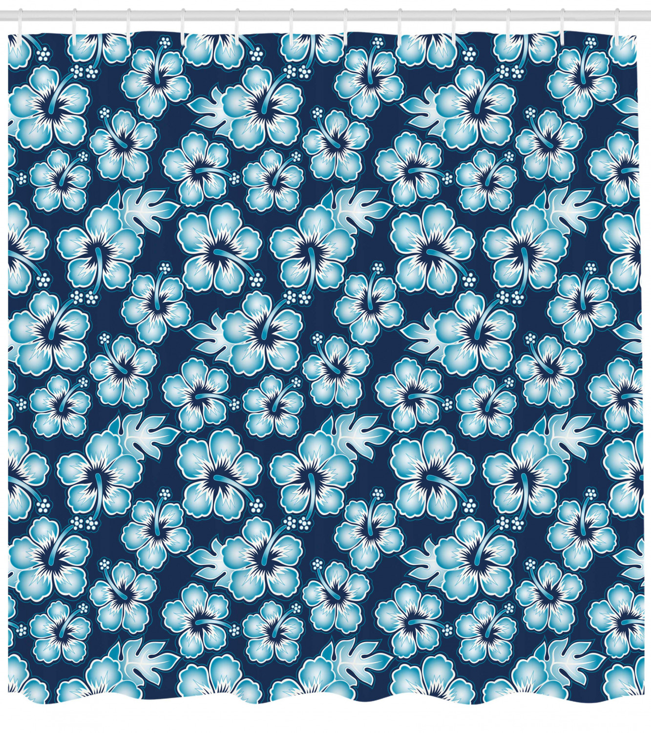Navy Hibiscus Hawaiian Flowers Print Shower Curtain for Tropical Bathroom