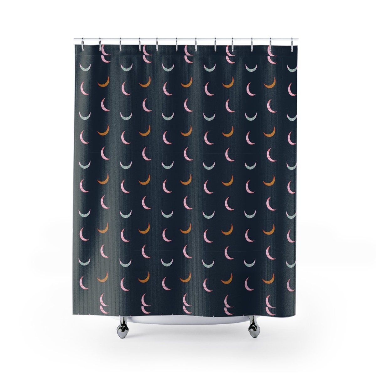 Navy Many Moons Shower Curtain, Minimalist and Modern Design