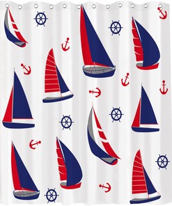 Navy Red White Sailing Boat Shower Curtain - Anchor Ocean Nautical Pirate Theme - Waterproof Washable Bathroom Decor