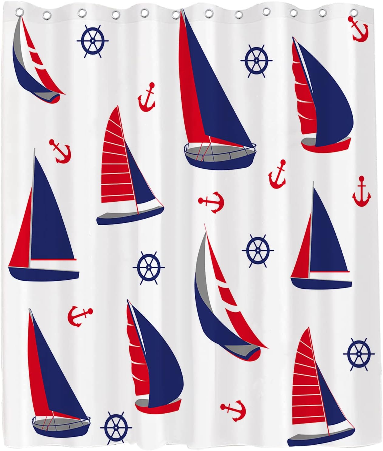 Navy Red White Sailing Boat Shower Curtain - Anchor Ocean Nautical Pirate Theme - Waterproof Washable Bathroom Decor