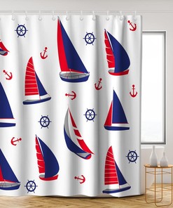 Navy Red White Sailing Boat Shower Curtain - Anchor Ocean Nautical Pirate Theme - Waterproof Washable Bathroom Decor