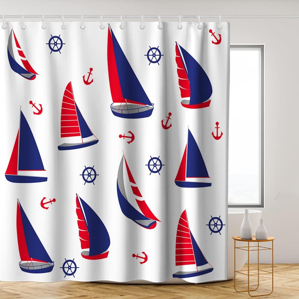Navy Red White Sailing Boat Shower Curtain - Anchor Ocean Nautical Pirate Theme - Waterproof Washable Bathroom Decor