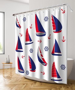 Navy Red White Sailing Boat Shower Curtain - Anchor Ocean Nautical Pirate Theme - Waterproof Washable Bathroom Decor