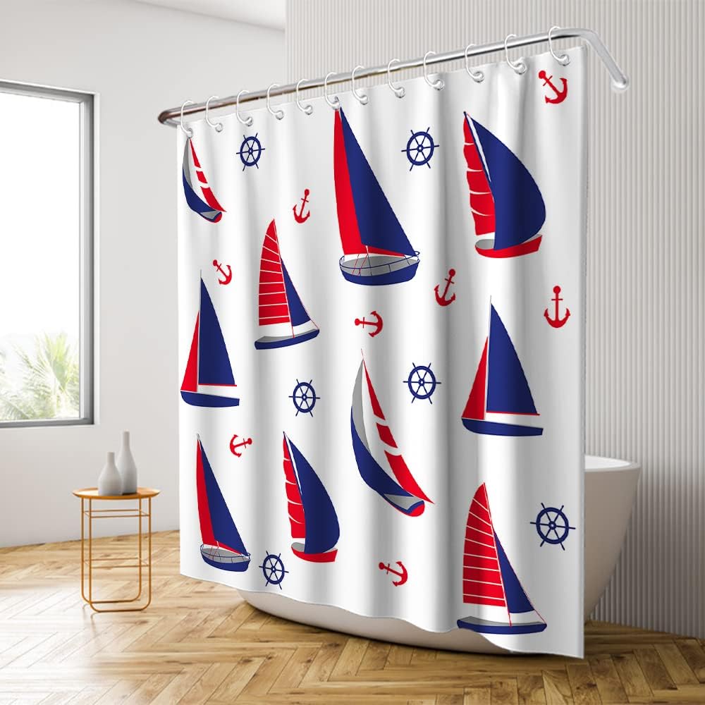 Navy Red White Sailing Boat Shower Curtain - Anchor Ocean Nautical Pirate Theme - Waterproof Washable Bathroom Decor