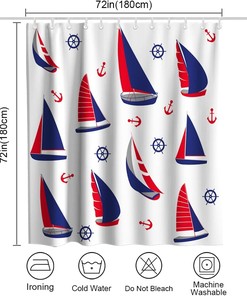 Navy Red White Sailing Boat Shower Curtain - Anchor Ocean Nautical Pirate Theme - Waterproof Washable Bathroom Decor