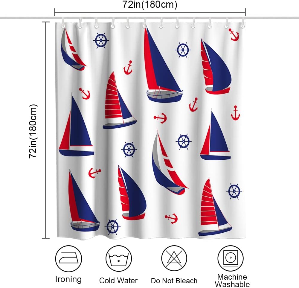 Navy Red White Sailing Boat Shower Curtain - Anchor Ocean Nautical Pirate Theme - Waterproof Washable Bathroom Decor