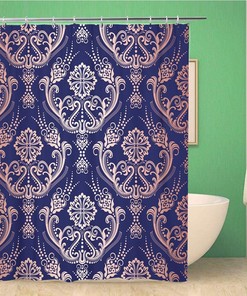Navy Rose Gold Floral Damask Shower Curtain For Fabrics