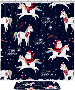 Navy Santa Bicorn Candies Christmas Shower Curtain - Waterproof Bathroom Decor