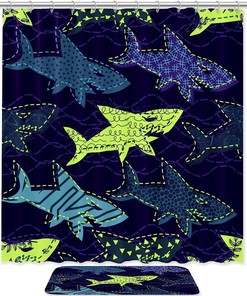 Navy Shark Print Bathroom Tub Set With Waterproof Fabric Shower Curtain