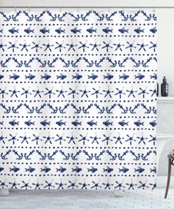 Navy Shower Curtain Anchor Starfish Sea Life Print for Beach Bathroom 