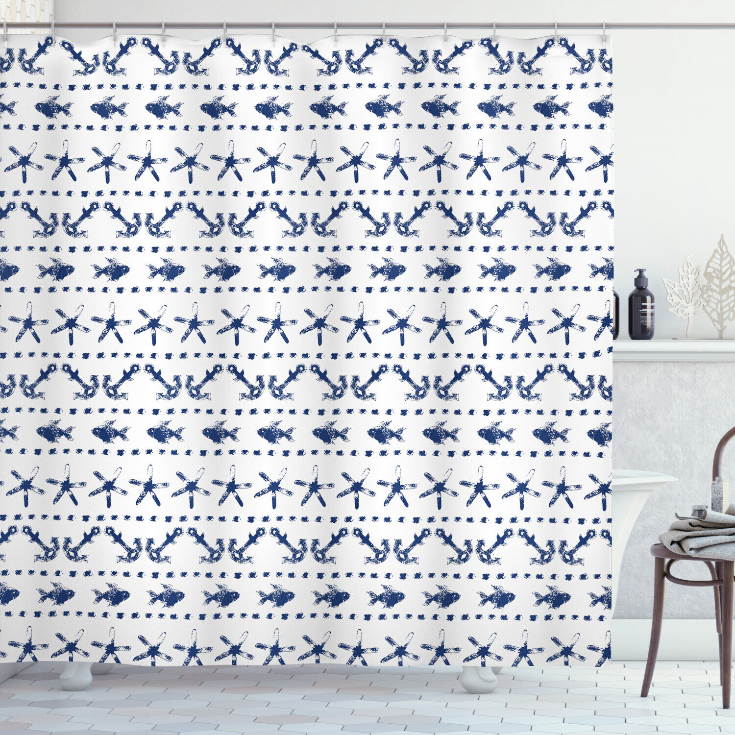 Navy Shower Curtain Anchor Starfish Sea Life Print for Beach Bathroom
