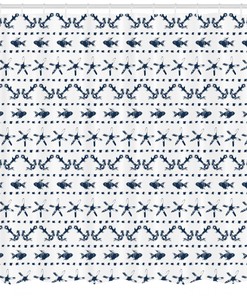 Navy Shower Curtain Anchor Starfish Sea Life Print for Beach Bathroom