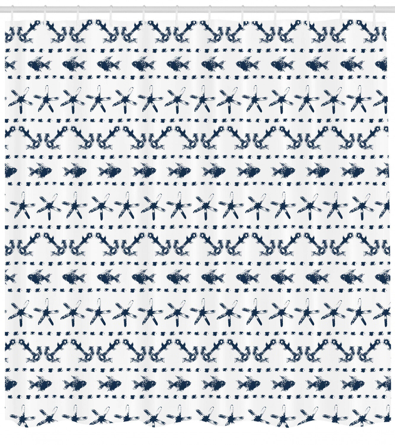Navy Shower Curtain Anchor Starfish Sea Life Print for Beach Bathroom